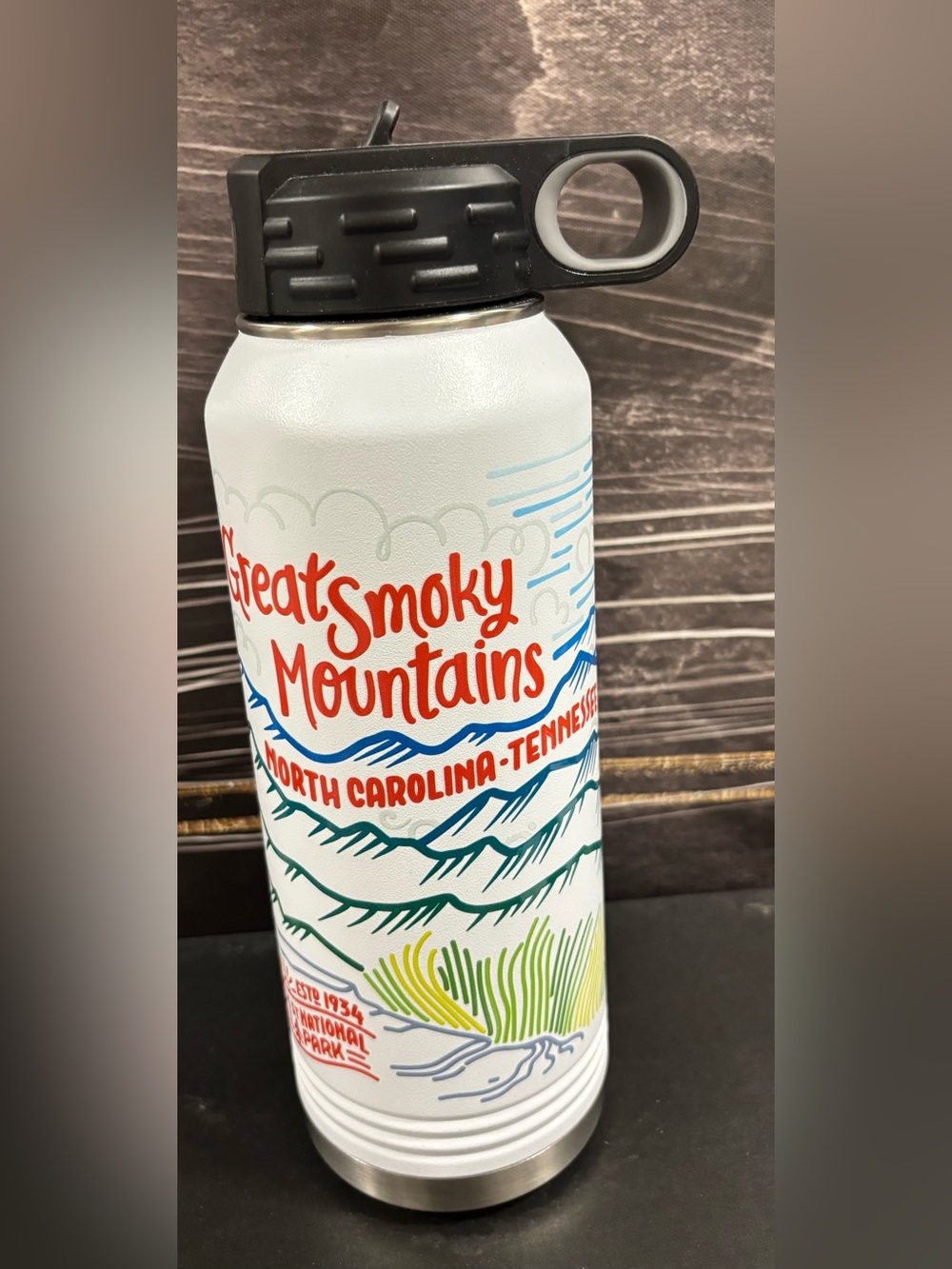 Great Smoky Mountains Insulated Water Bottle - White with Multicolor Graphic